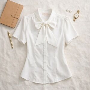 Belle Poque White Bow Tie Blouse Short Sleeve Vintage Office Top